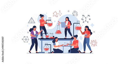 Illustration of diverse group of women and girls engaging in science activities on World Day of Woman and Girls in Science with laboratory equipment and molecules.