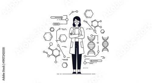Illustration of a female scientist standing confidently with science icons and symbols around her, celebrating World Day of Woman and Girls in Science.