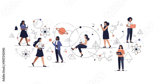Illustration of people, including a little girl and female scientists, celebrating World Day of Woman and Girls in Science with various scientific symbols and designs.