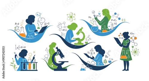 Illustration of women and girls in science, featuring various female scientists and a little girl, celebrating World Day of Woman and Girls in Science with a design icon set.