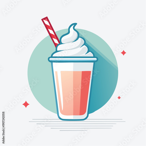 Vibrant vector illustration of a delicious pink milkshake or smoothie, generously topped with rich whipped cream and a festive striped straw, symbolizing sweet refreshment