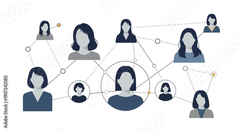 Illustration of a female scientist connected to other women in science, symbolizing the World Day of Woman and Girls in Science with a network design.