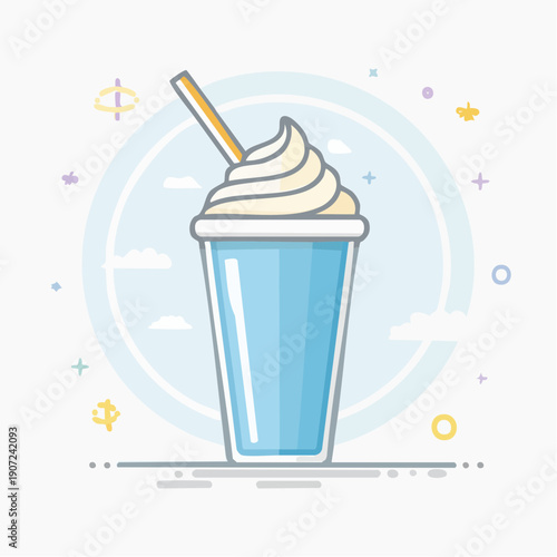 A refreshing blue milkshake with whipped cream and a straw, set against a sky-blue background with stylized clouds and small orbiting planets