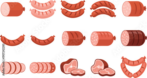 Sausage and Processed Meat Illustration Set with Different Cuts, Slices, Links, and Varieties for Butcher Shops, Food Packaging, and Menu Designs