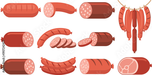 Sausage and Processed Meat Illustration Set with Links, Slices, and Varieties for Butcher Shops, Food Packaging, Grocery Branding, and Menus