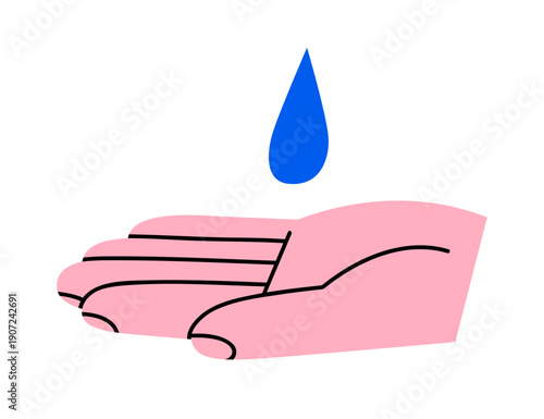 Hand drawn cute illustration of hand with water drop. Flat vector clean pure liquid falling on palm of arm doodle. Ecology problem sticker, icon. Water resources conservation. Isolated.