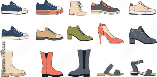 Women Footwear Illustration Set with Sneakers Boots Heels Sandals and Casual Shoes for Fashion Ecommerce Icons and Vector Designs