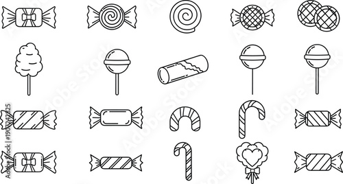 Candy and sweets line icon set featuring lollipops, wrapped candies, sugar treats, dessert symbols, and confectionery elements in clean black outline vector style