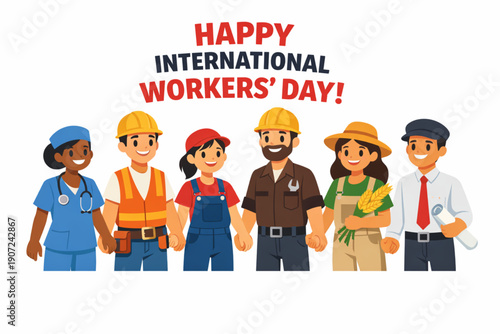 Flat Vector Illustration of Multicultural Workers Holding Hands in Solidarity for International Workers' Day