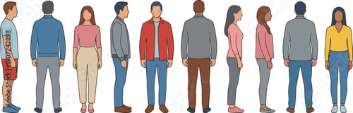 Vector illustration of diverse men and women standing in a row, wearing colorful casual outfits and jackets, flat style characters