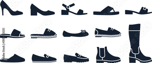 Women Footwear Silhouette Icon Set with Heels Sandals Flats Boots and Casual Shoes for Fashion Logos Apps and Clean Vector Designs