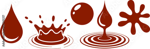 Liquid droplet icons illustration, splash ripple effect, spherical drop, teardrop shape, splatter design, fluid motion concept, water behavior visualization