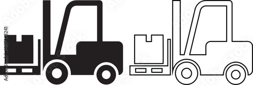 Forklift truck icon and warehouse cargo loader vector set. Industrial shipping machine symbol. Black silhouette and outline design isolated for logistics factory logo.