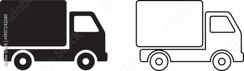 Delivery truck icon and cargo transport vehicle vector set. Shipping lorry symbol. Black silhouette and outline design isolated for logistics service or moving van logo.