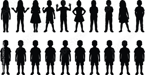 Vector set of black silhouettes of children standing, boys and girls in various poses, diverse group of kids isolated on white,