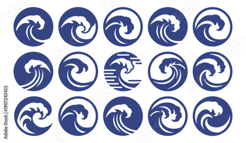 Ocean wave icons set, water swirl marine symbols and circular vector logos on transparent background
