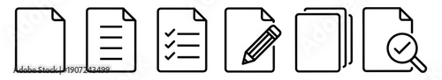 Document icons set, file pages checklist editing and verification symbols vector outline on transparent background