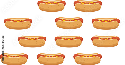 Hot Dog Illustration Set with Classic Sausage and Bun Variations for Fast Food Menus, Street Food Graphics