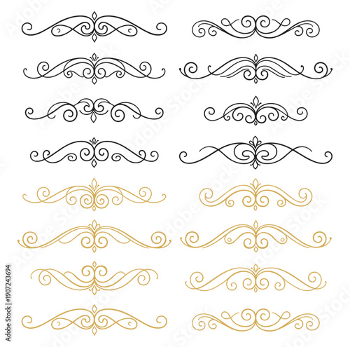 Decorative ornament icons set, flourish dividers scroll and swirl vector outlines on transparent background