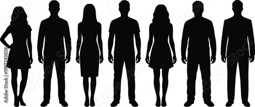 Vector set of black silhouettes of people standing in a row, men and women in various casual and formal outfits,