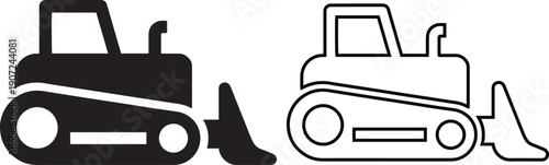 Bulldozer construction vehicle icon and tractor vector set. Heavy machinery earth mover symbol. Black silhouette and outline design isolated for engineering or building site logo.