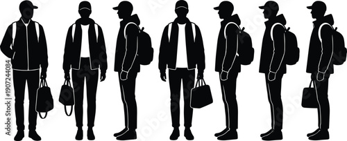 Vector set of black silhouettes of young man traveler with backpack and bag, standing in different poses isolated on white,