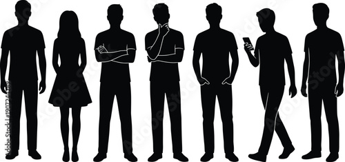 Vector set of black silhouettes of people standing in various poses, men and women in casual clothing isolated on white,