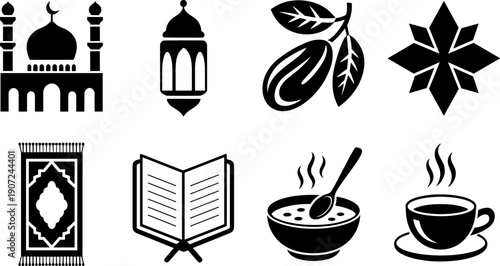 Ramadan Islamic icons collection, mosque lantern dates Quran prayer rug food tea cup star pattern, black and white vector illustration set
