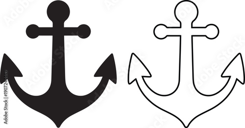 Ship anchor icon and nautical sea symbol vector set. Marine boat equipment sign. Black silhouette and outline design isolated for sailing navy logo or summer vacation tattoo.