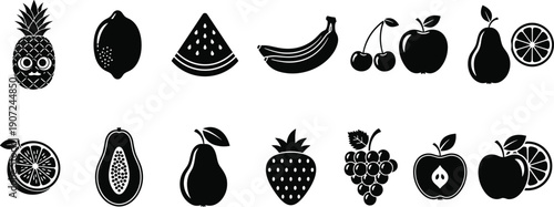 Fruit icons collection featuring pineapple, lemon, watermelon, banana, apple, pear, berries, grapes, and citrus fruits in bold black silhouette vector style