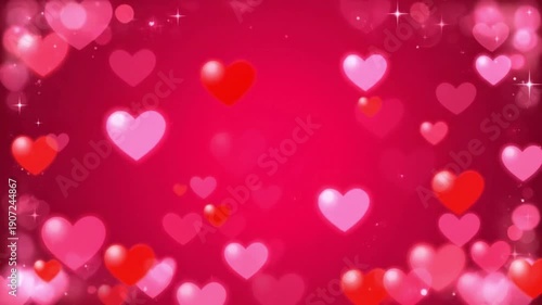 Floating Pink Hearts on Red Background.