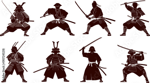 Samurai warrior silhouettes in dynamic combat poses, traditional Japanese katana sword fighters, martial arts stances, ancient armor, cultural heritage illustration, discipline, strength, history