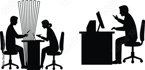Business meeting silhouette, office discussion teamwork, workplace communication, corporate conversation, professional people working at desk, conflict, collaboration illustration vector