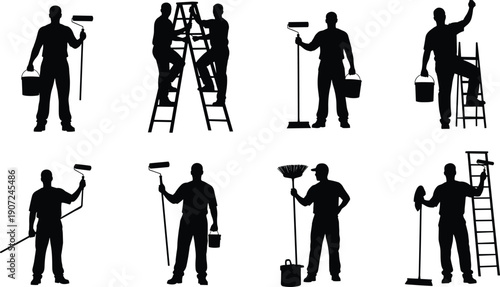 Construction worker silhouette set, painter and cleaner poses, ladder tools equipment, manual labor concept, professional maintenance, black vector illustration