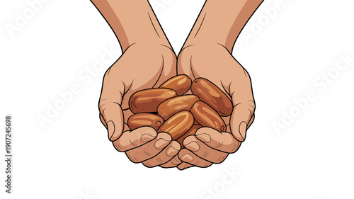 A close-up shot of two hands holding dates.