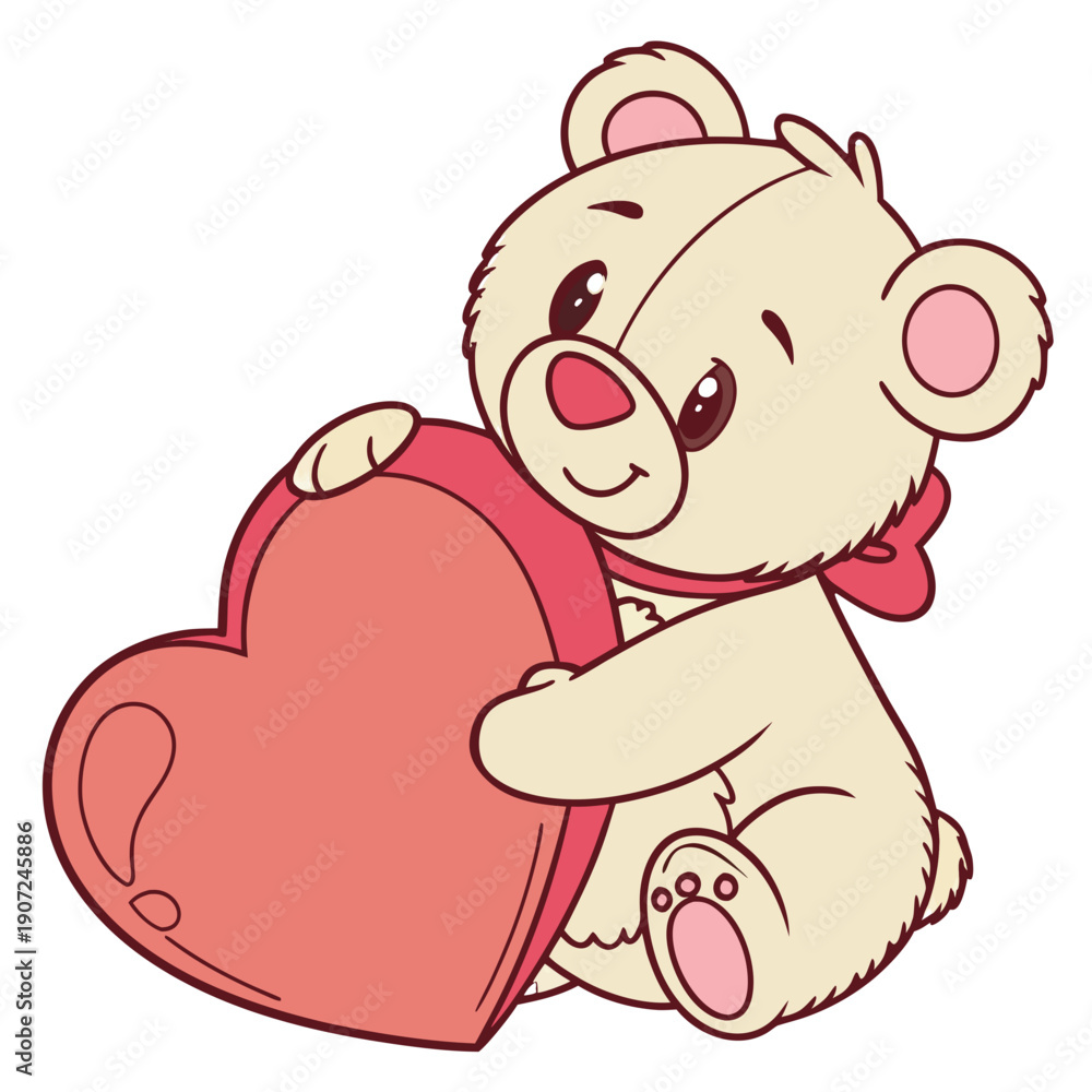 Fototapeta premium Cute Teddy Bear Holding Red Heart – Valentines Day Vector Illustration, Kawaii Plush Toy Mascot, Romantic Love Symbol for Greeting Cards, Adorable Stuffed Animal Character & Sweet Anniversary Clip Art