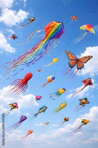 colorful kites flying in blue sky during outdoor festival