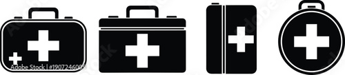Medical first aid kit icon set featuring emergency healthcare symbols, medicine bags, safety equipment, and cross signs in bold black minimal vector design
