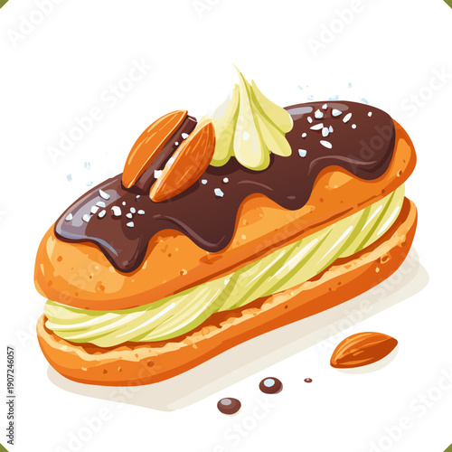 Vector illustration of a chocolate eclair topped with glossy chocolate glaze, almonds, and cream filling, isolated on a white background. Sweet pastry dessert concept