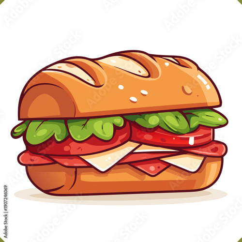 Vector illustration of baguette sandwich with lettuce, tomato, cheese and salami, isolated on a white background. Fresh deli food for menu, cafe, and packaging design