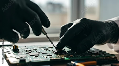 Wallpaper Mural Hands in black gloves working on a circuit board with tools. Torontodigital.ca
