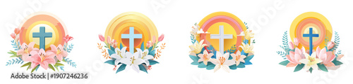 Easter Cross Floral Vector Set – Flat Christian Spring Illustration Collection