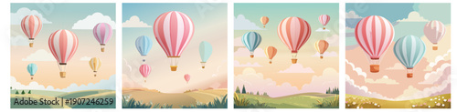 Easter Hot Air Balloon Landscape Vector Set – Pastel Spring Sky Illustration Collection