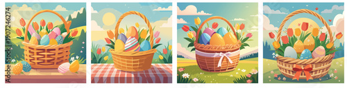 Easter Basket with Colorful Eggs Vector Set – Spring Meadow Illustration Collection