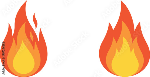 Two stylized flames with vibrant orange and yellow hues are displayed