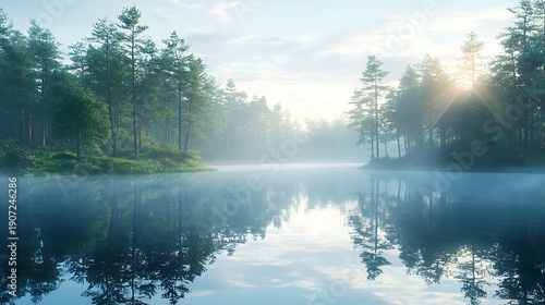 Serene forest lake reflection calm water sunrise landscape photo