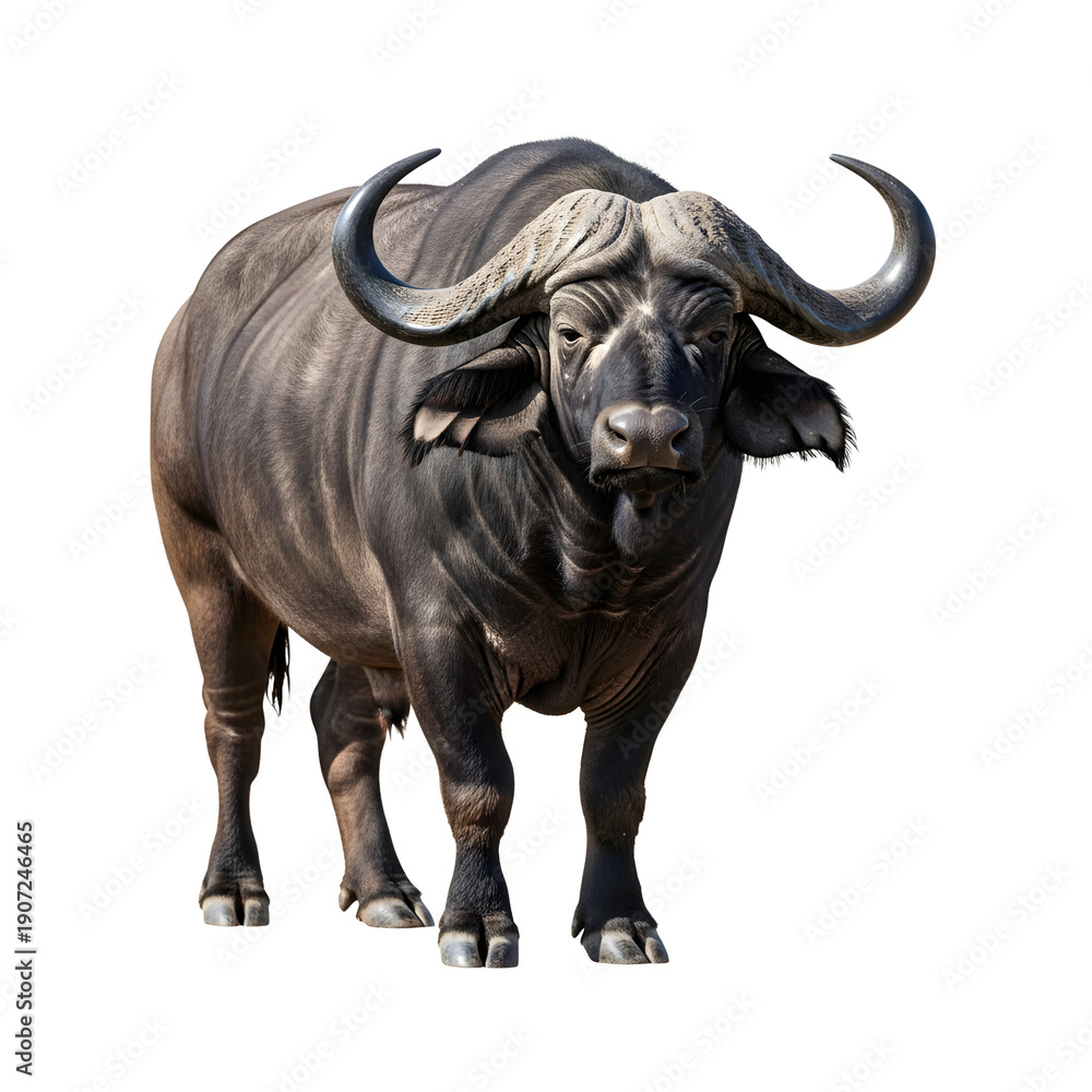 Fototapeta premium A powerful African buffalo standing proudly, showcasing impressive horns. A strong, imposing animal, symbolizing the wild
