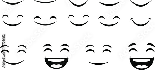 Minimal smile facial expression icon set featuring happy emotions, closed eyes, joy, laughter, and positive mood symbols in bold black vector style