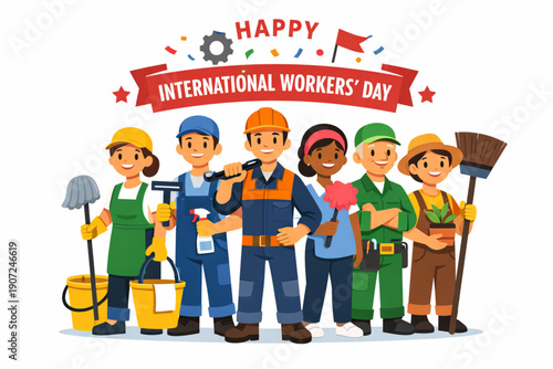 Flat Vector Illustration of Cleaners and Maintenance Workers Standing Proudly for International Workers' Day