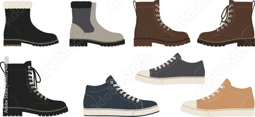 Men Footwear Illustration Set with Leather Boots and Casual Sneakers in Modern Flat Style for Fashion Ecommerce Icons and Vector Designs